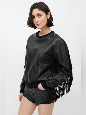 RARE Alexander Wang black leather fringe long sleeve crewneck sweatshirt size 2